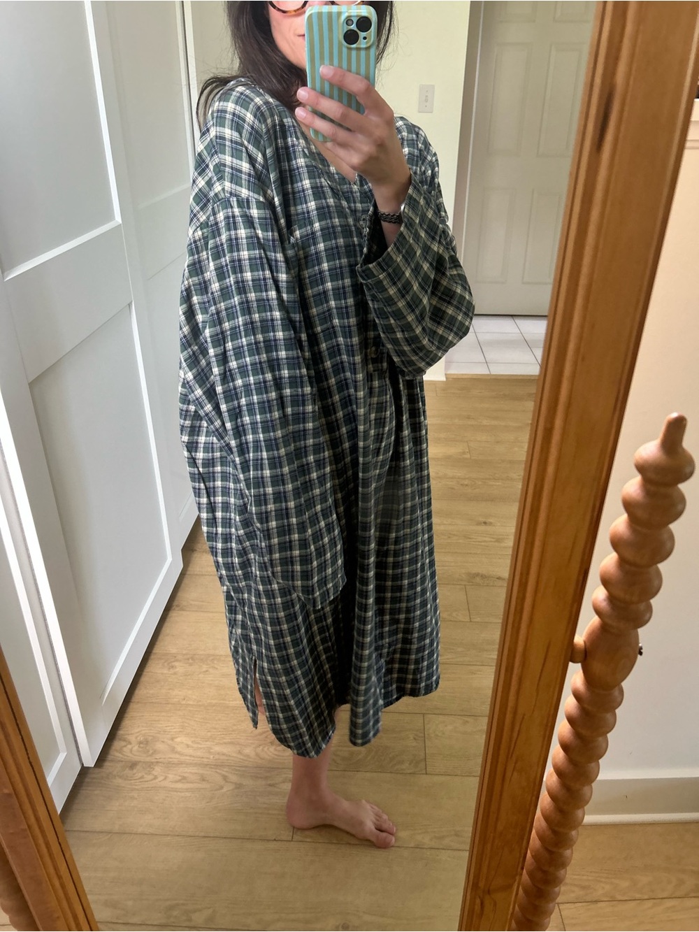 Cozy Plaid V-Neck Button-Front Nightgown - Green/White - Picture 3 of 4